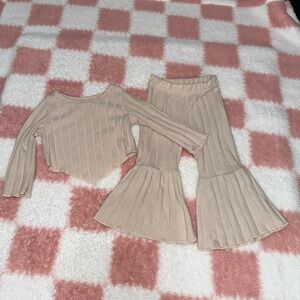 Cream Ribbed Knit Top and Bell Bottom Pants Set